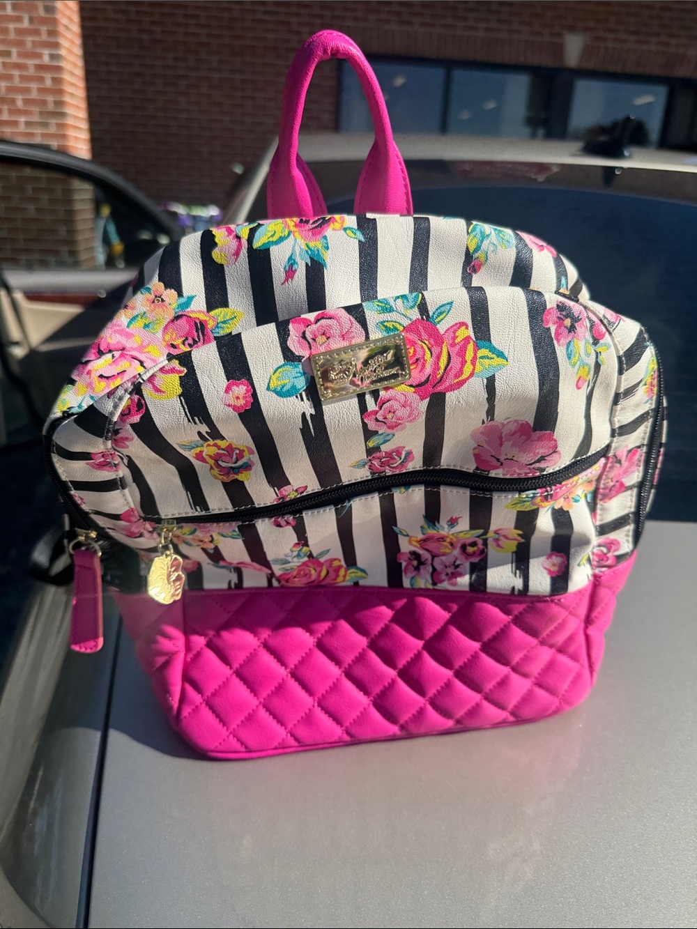 Floral Stripe Mini Backpack in Hot Pink Quilted Accent - Unbranded - Picture 5 of 8